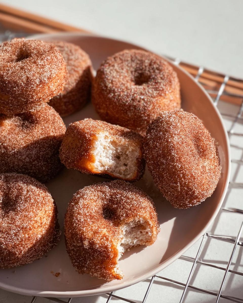 A plate of freshly made cinnamon sugar donuts, some with bites taken out, perfect for breakfast ideas recipes.