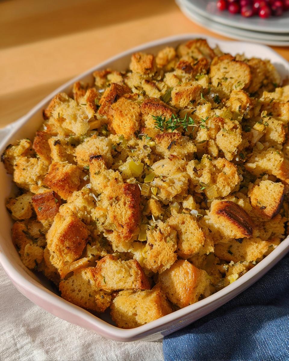 A close-up of a golden-brown bread stuffing recipe in a baking dish, featuring herbs and vegetables.