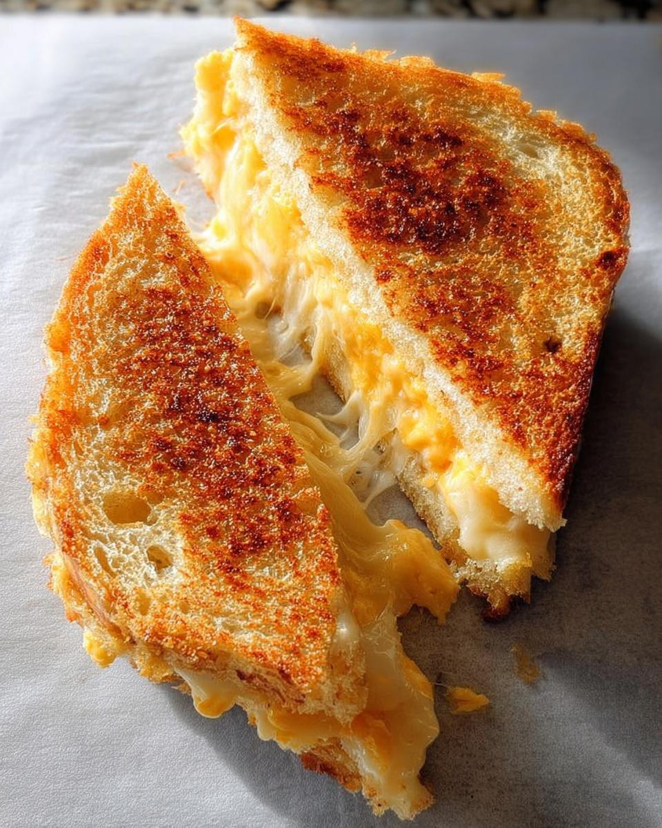 A perfectly grilled cheese sandwich, cut in half, showcasing its gooey, melted cheese filling and golden-brown toasted bread.