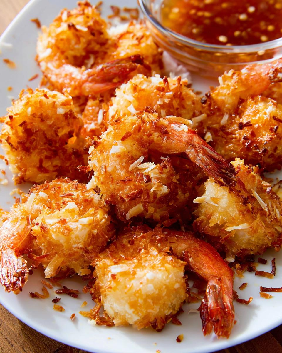 Close-up of golden-brown crispy coconut shrimp served with a dipping sauce.