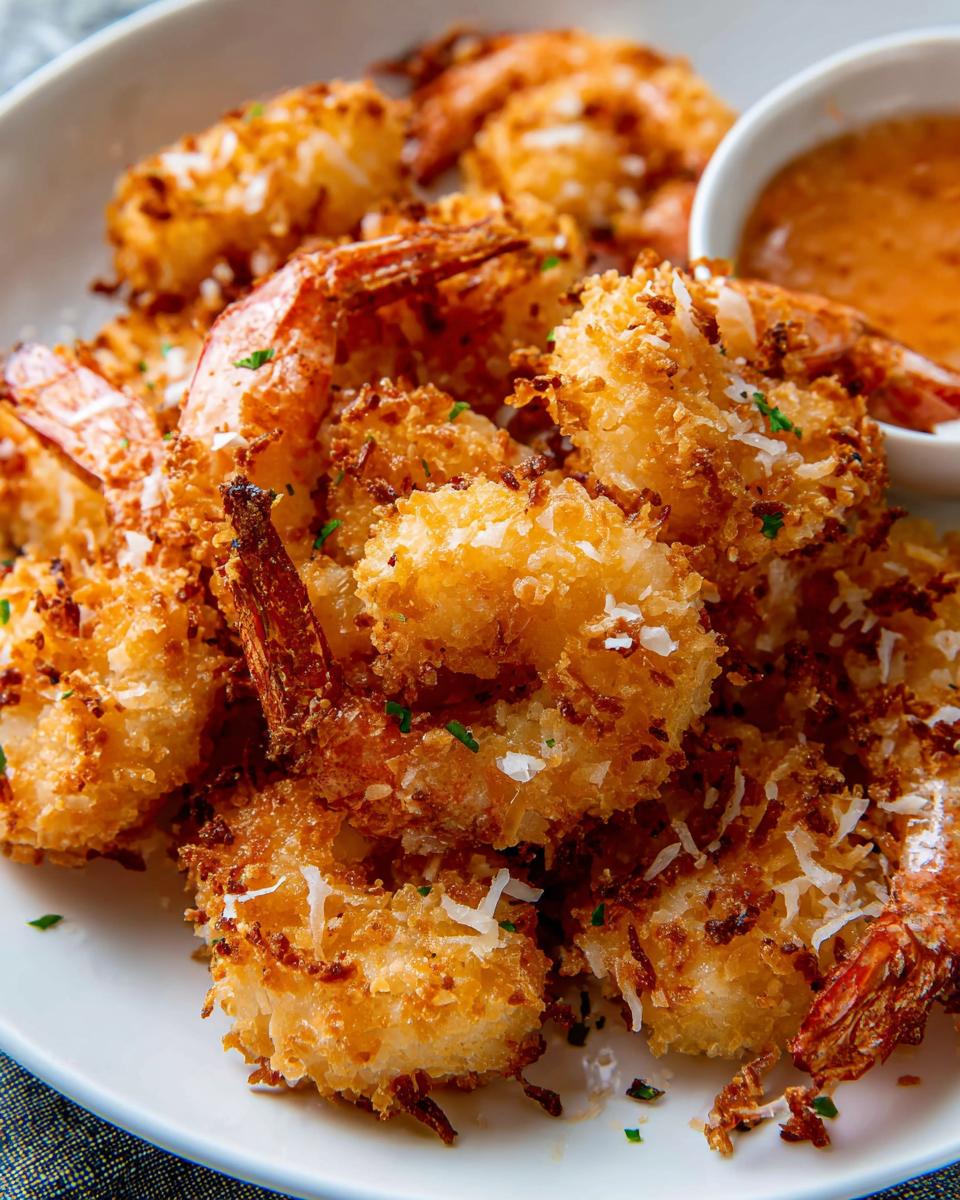 Close-up of crispy coconut shrimp recipe, golden brown and coated in shredded coconut, served with dipping sauce.
