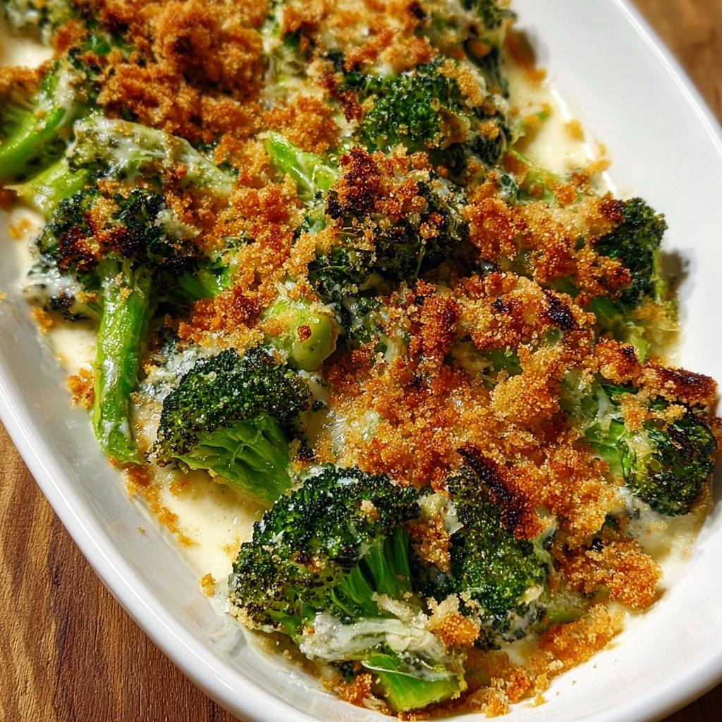Close-up of a creamy broccoli casserole topped with golden brown toasted breadcrumbs, a perfect veggie side dish.