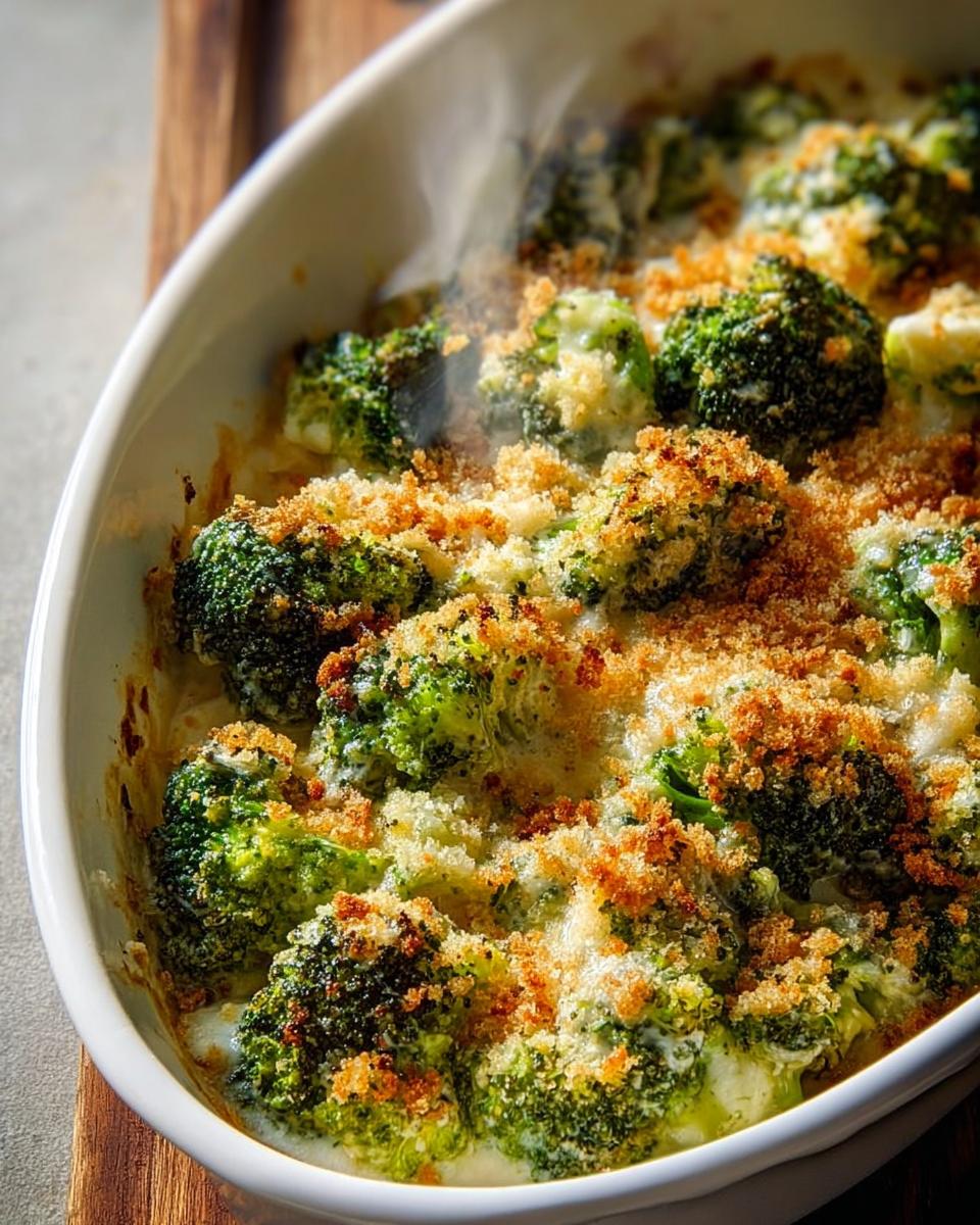 Close-up of a bubbling creamy broccoli casserole with a golden breadcrumb topping, a perfect veggie side dish.