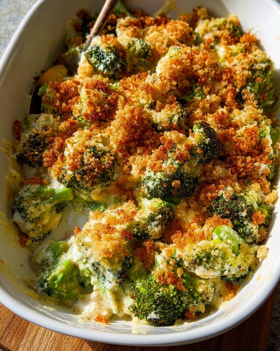A close-up of a creamy broccoli casserole with a golden breadcrumb topping, perfect for veggie sides recipes.