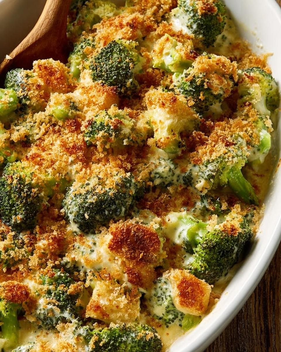 Close-up of a creamy broccoli casserole topped with golden toasted breadcrumbs in a white baking dish.