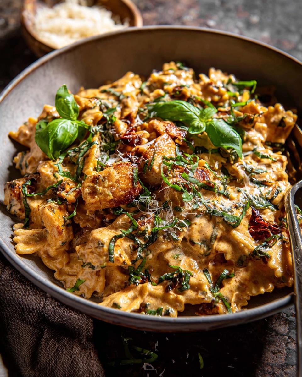 A close-up of a bowl filled with creamy chicken farfalle pasta, garnished with fresh basil and sun-dried tomatoes.