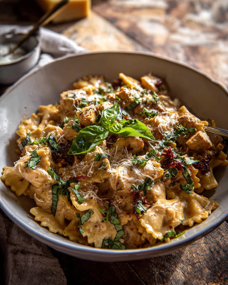 A close-up of a creamy chicken farfalle pasta bowl, garnished with fresh basil and sun-dried tomatoes.