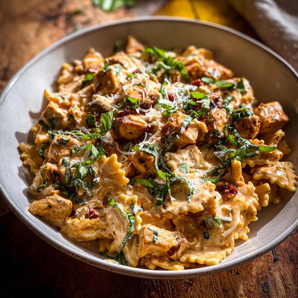 Close-up of a bowl of creamy chicken farfalle pasta with sun-dried tomatoes and basil, part of The Only Rice Bowls Recipes Recipe You’ll Need.