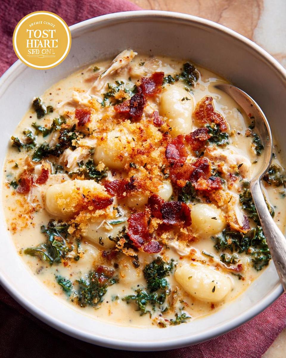 Close-up of a bowl of creamy chicken gnocchi soup with kale, crispy bacon, and breadcrumbs.