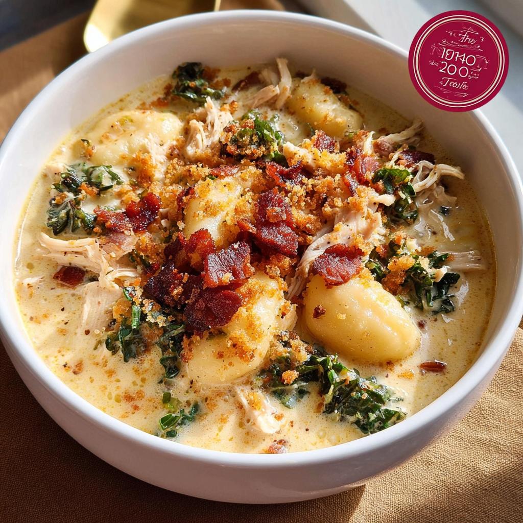 Close-up of a bowl of creamy chicken gnocchi soup with kale, shredded chicken, and crispy bacon topping.