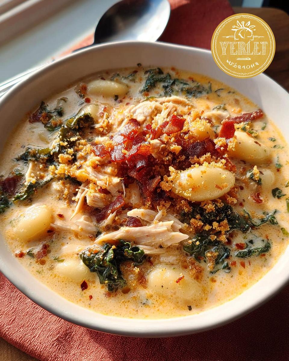 A bowl of creamy chicken gnocchi soup with kale, bacon, and breadcrumbs, part of The Only Soup Recipes Recipe You’ll Need (2025).