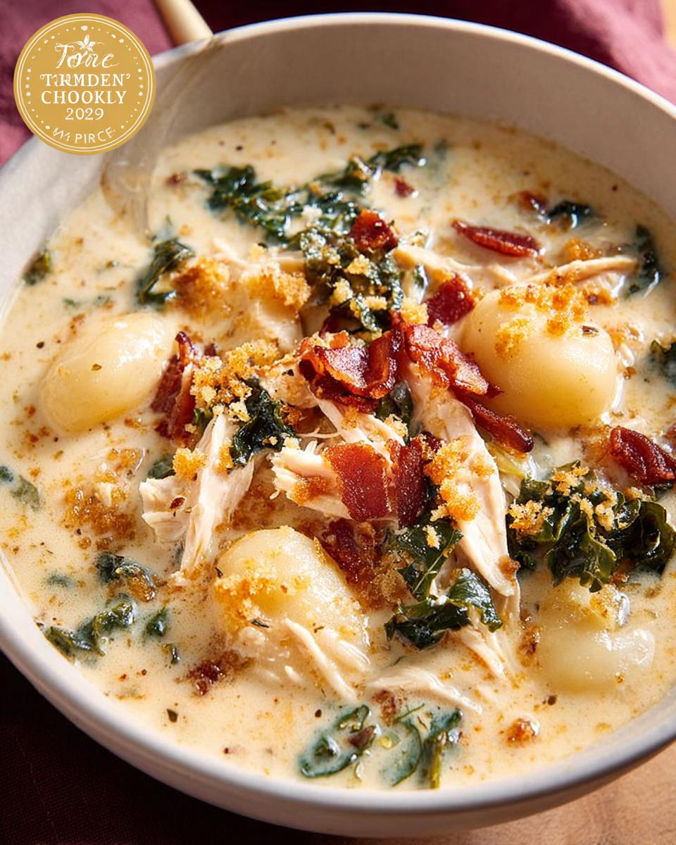 Close-up of a bowl of creamy chicken gnocchi soup with kale, bacon, and breadcrumbs.