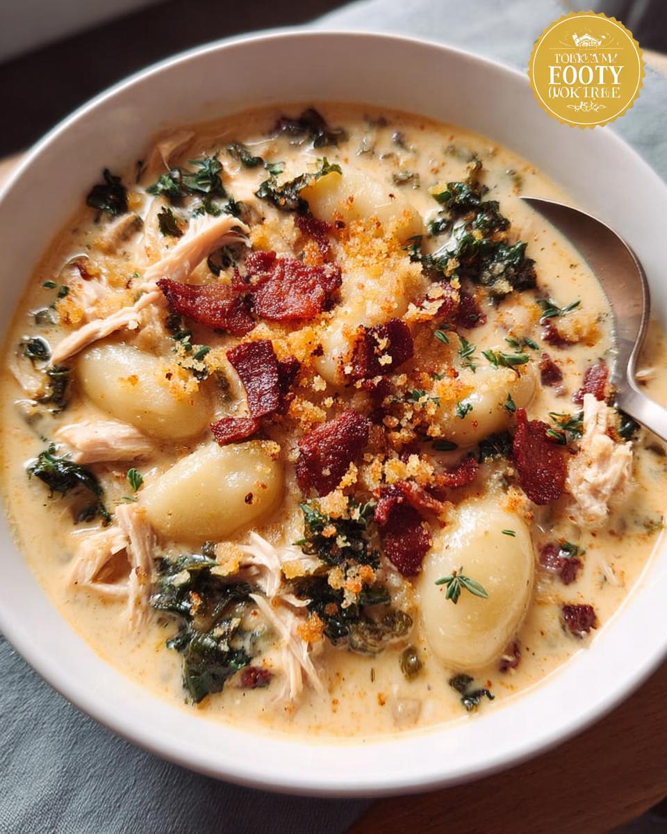 A bowl of creamy chicken gnocchi soup with kale, bacon, and breadcrumbs. The Only Soup Recipes Recipe You’ll Need.
