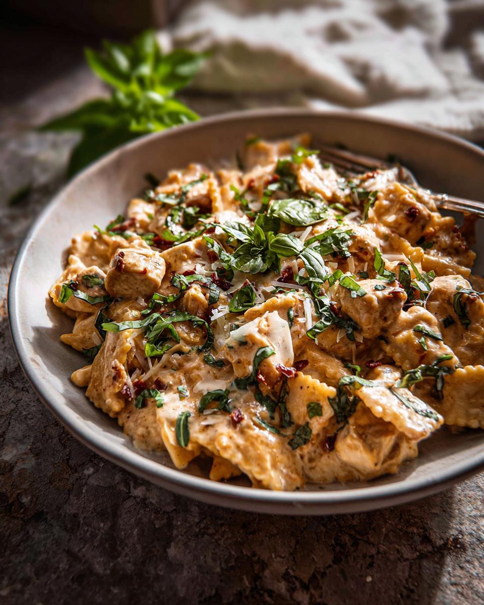 A close-up of a creamy chicken pasta bowl topped with fresh basil and parmesan cheese.