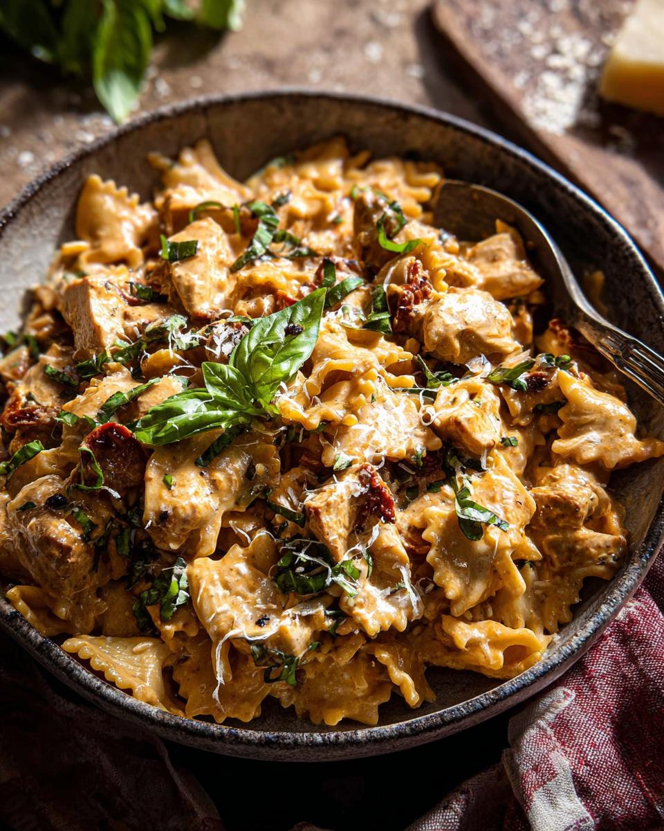 Close-up of a hearty bowl of creamy chicken pasta with farfalle noodles, sun-dried tomatoes, and fresh basil.