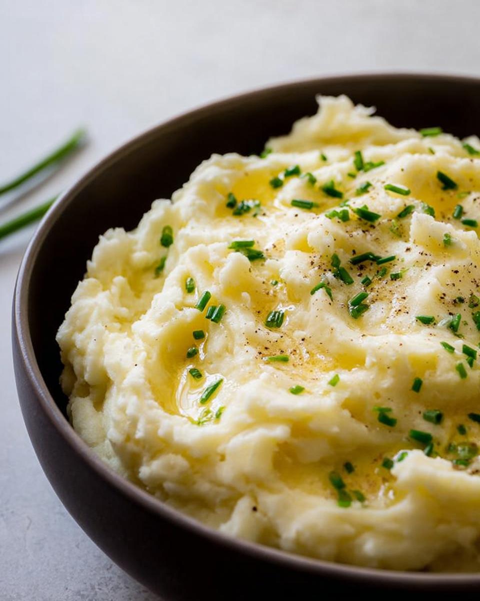 A close-up of creamy mashed potatoes in a dark bowl, topped with melted butter, black pepper, and fresh chives.