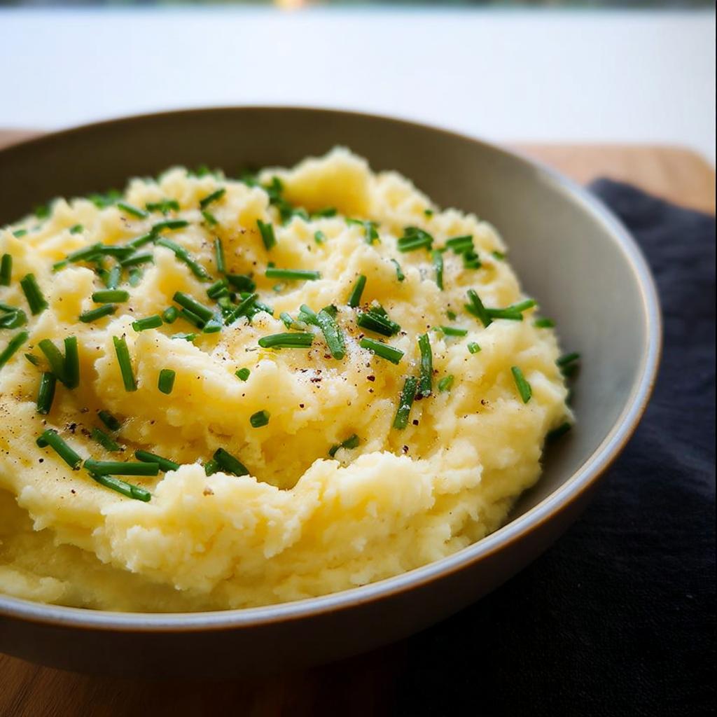 A close-up of fluffy, creamy mashed potatoes topped with fresh chives and black pepper.