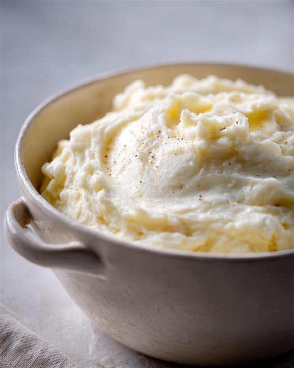 Close-up of a bowl filled with fluffy, creamy mashed potatoes, seasoned with pepper.