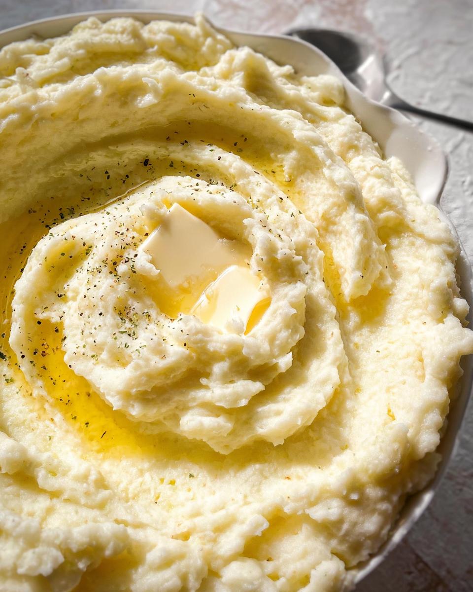 Close-up of creamy mashed potatoes recipe topped with melting butter and herbs.