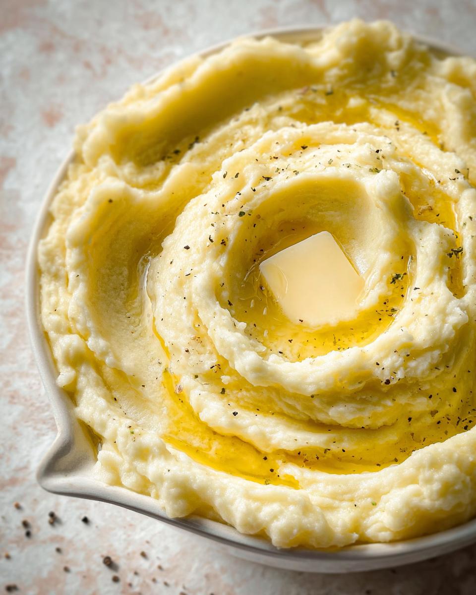 Close-up of a bowl of creamy mashed potatoes recipe, topped with a pat of butter and melted butter.