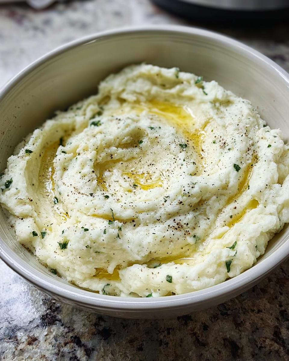 Close-up of a bowl of fluffy mashed potatoes, topped with melted butter, fresh parsley, and black pepper.