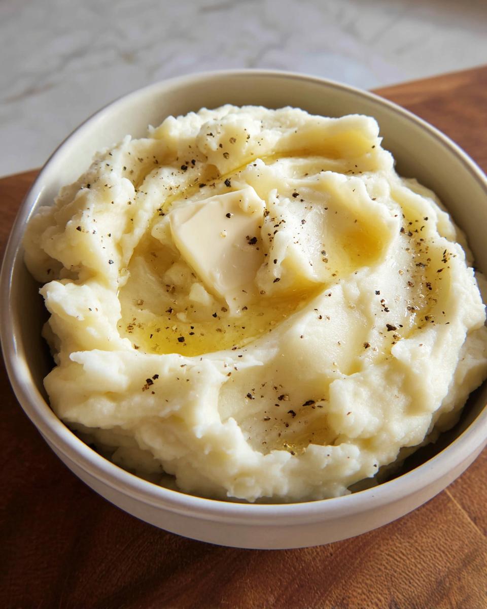 A close-up of creamy mashed potatoes topped with a pat of butter and cracked black pepper.