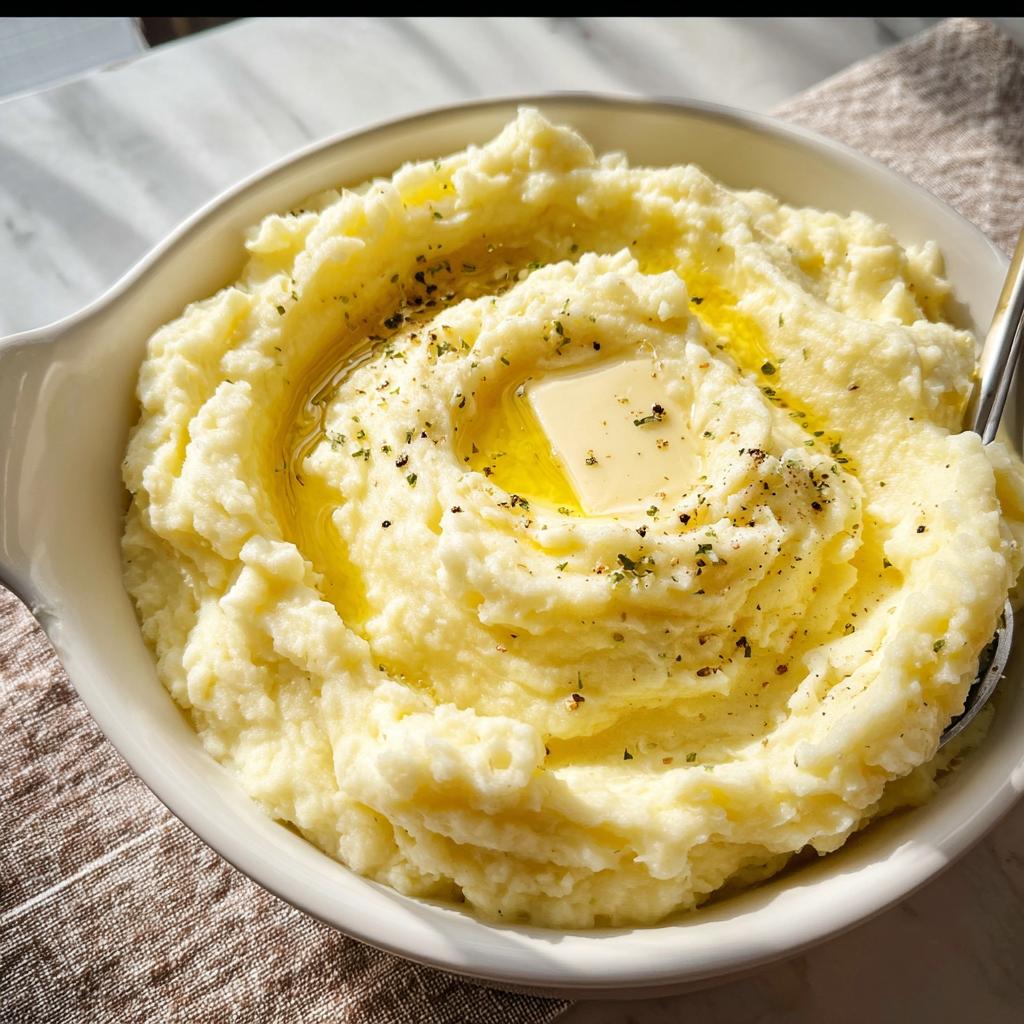 A close-up of creamy mashed potatoes recipe, topped with melting butter and herbs.