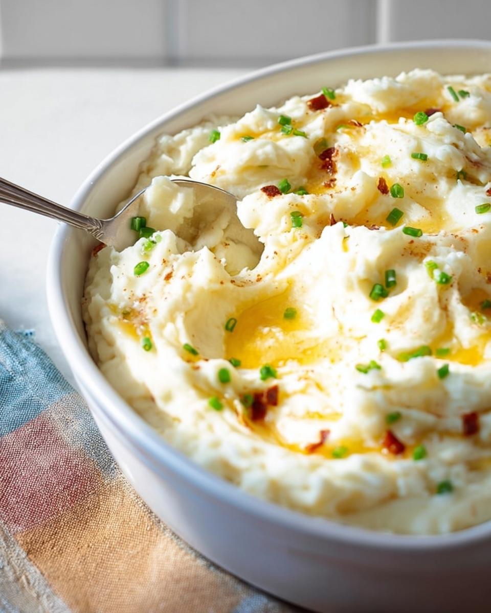 A close-up of creamy mashed potatoes recipe in a white bowl, topped with melted butter, chives, and bacon bits.