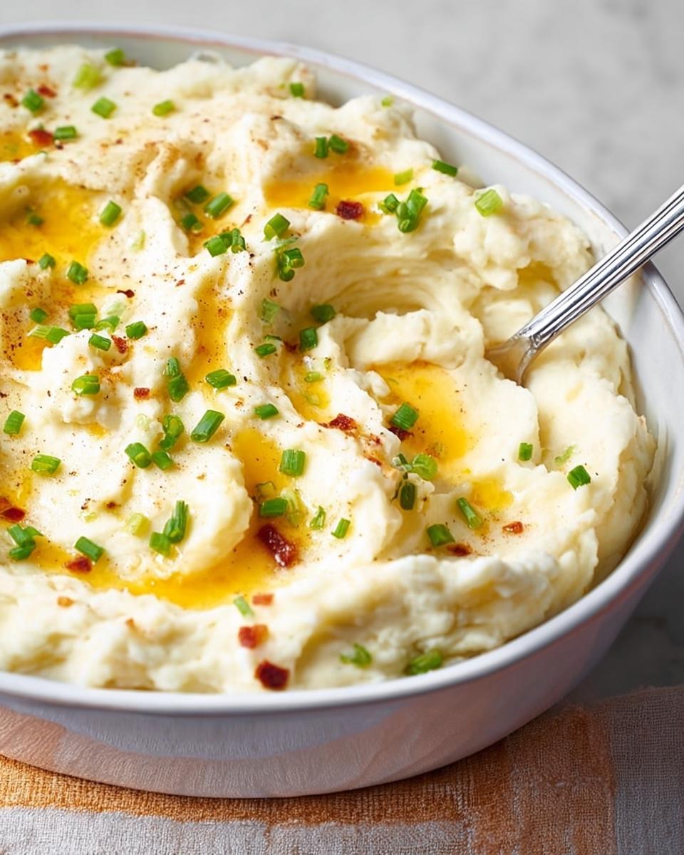 Close-up of creamy mashed potatoes recipe, topped with melted butter, chives, and bacon bits.