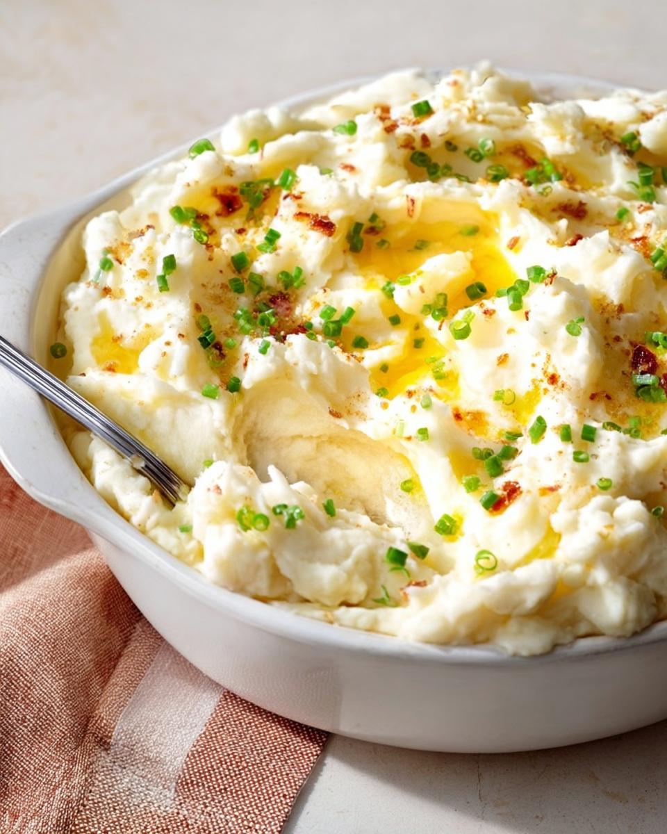 A white dish filled with creamy mashed potatoes, topped with melted butter, chives, and bacon bits. A fork is in the dish.