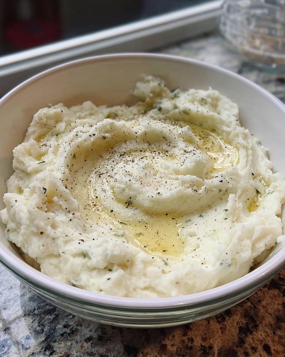 A bowl of fluffy mashed potatoes, topped with melted butter, herbs, and cracked black pepper.