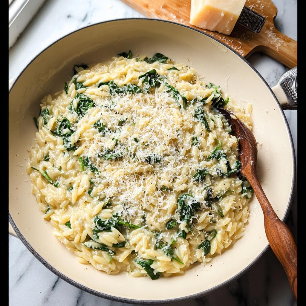 A close-up of creamy orzo pasta with wilted spinach, topped with grated Parmesan cheese. This is a perfect veggie sides recipe.