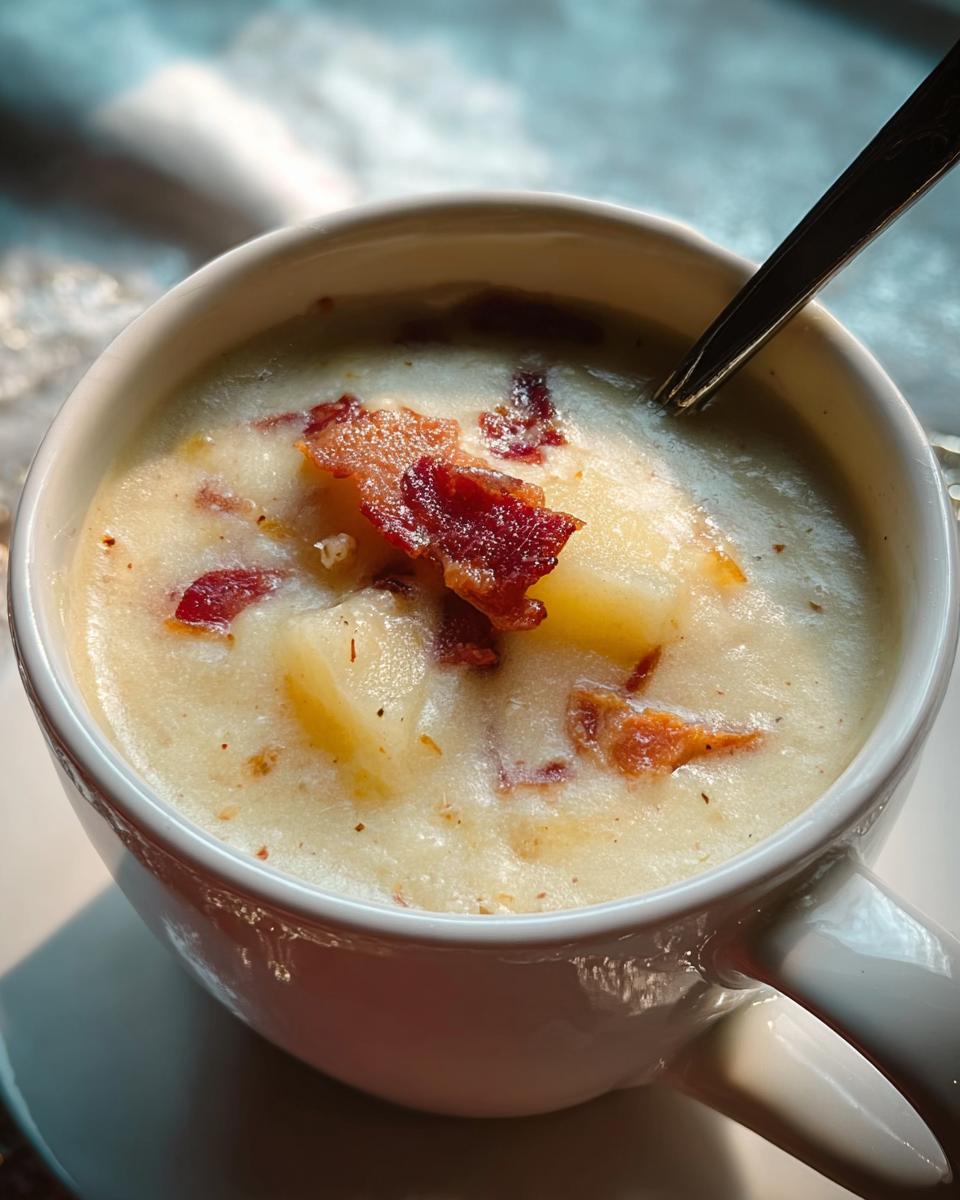 A close-up of a hearty bowl of creamy potato bacon soup, a delicious 12-Ingredient Soup Recipe.
