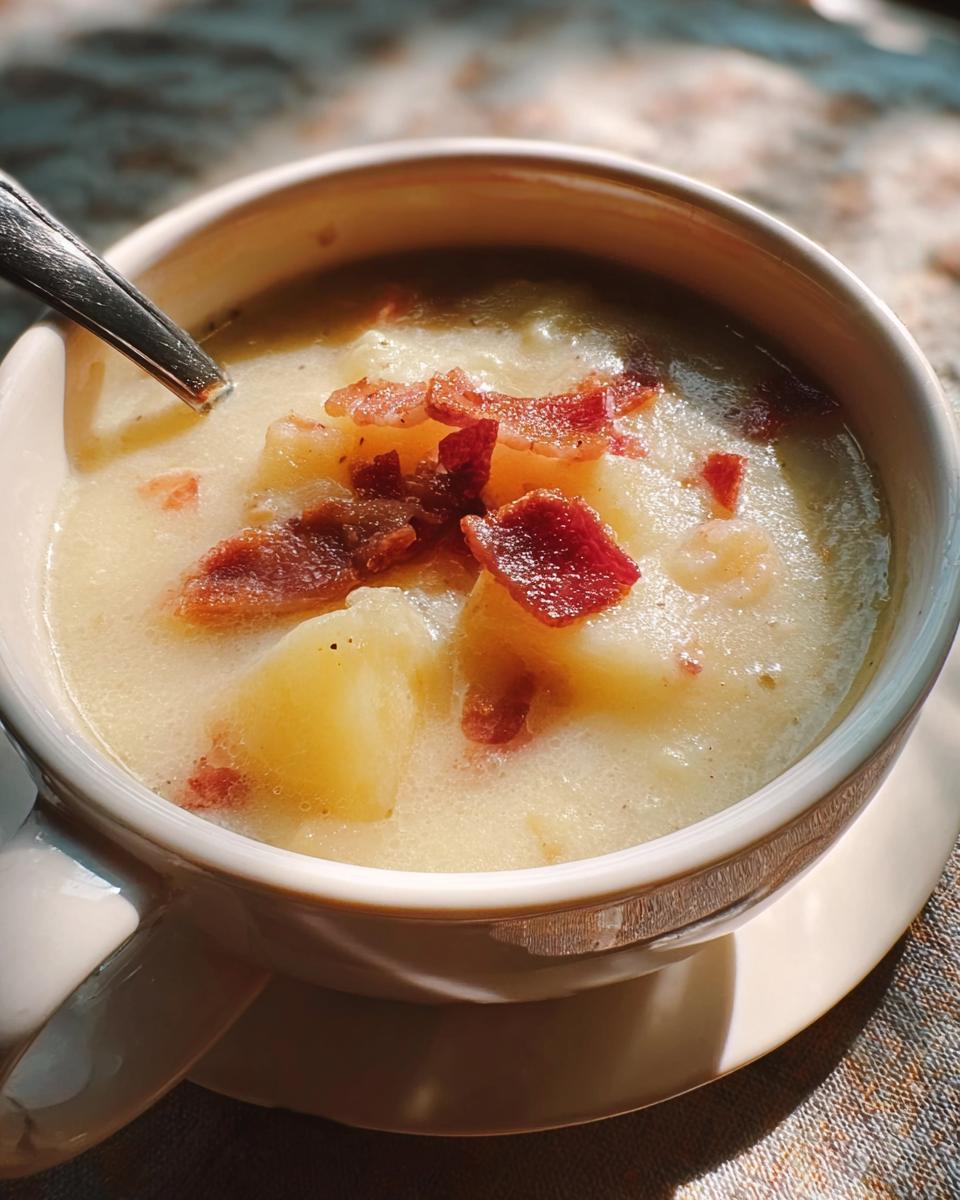 A close-up of a bowl of creamy potato soup topped with crispy bacon, part of 12-Ingredient Soup Recipes.