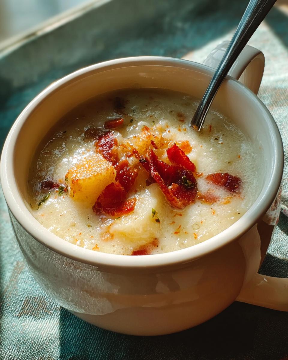 A bowl of creamy potato soup topped with crispy bacon and potato chunks, part of 12-Ingredient Soup Recipes.