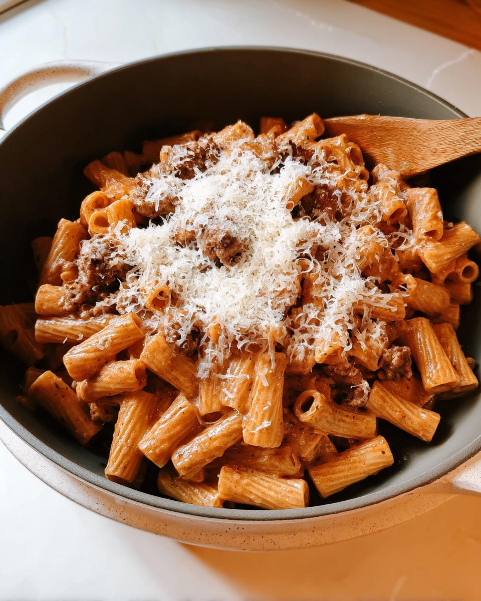 A pot of creamy rigatoni pasta with meat sauce, topped with grated Parmesan cheese. One of 20 Genius Pasta Recipes.
