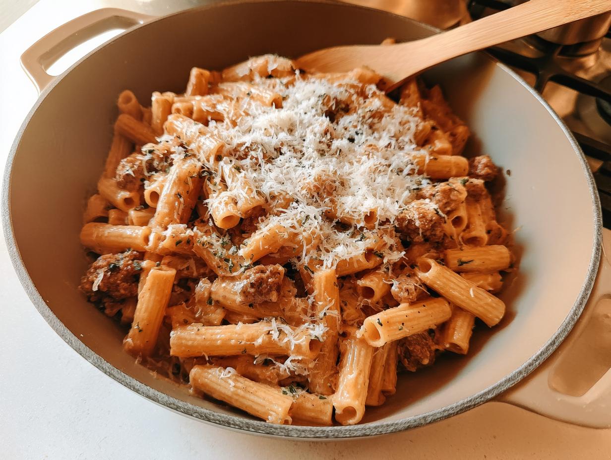A close-up of creamy sausage pasta topped with grated cheese and herbs, part of 20 Genius Pasta Recipes Ideas for Busy Weeknights.