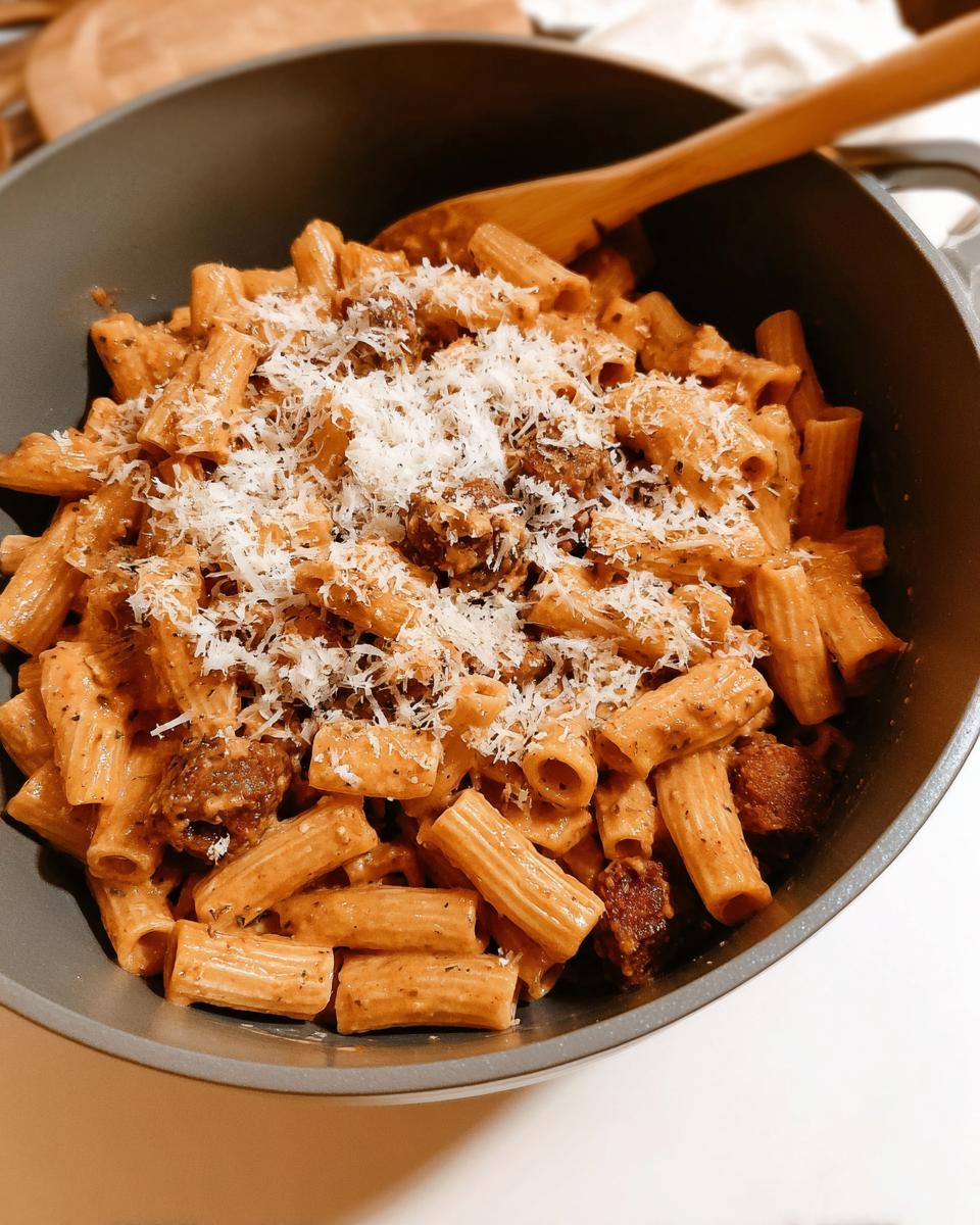 Close-up of rigatoni pasta with a creamy sauce and sausage pieces, topped with grated cheese. Part of 20 Genius Pasta Recipes.