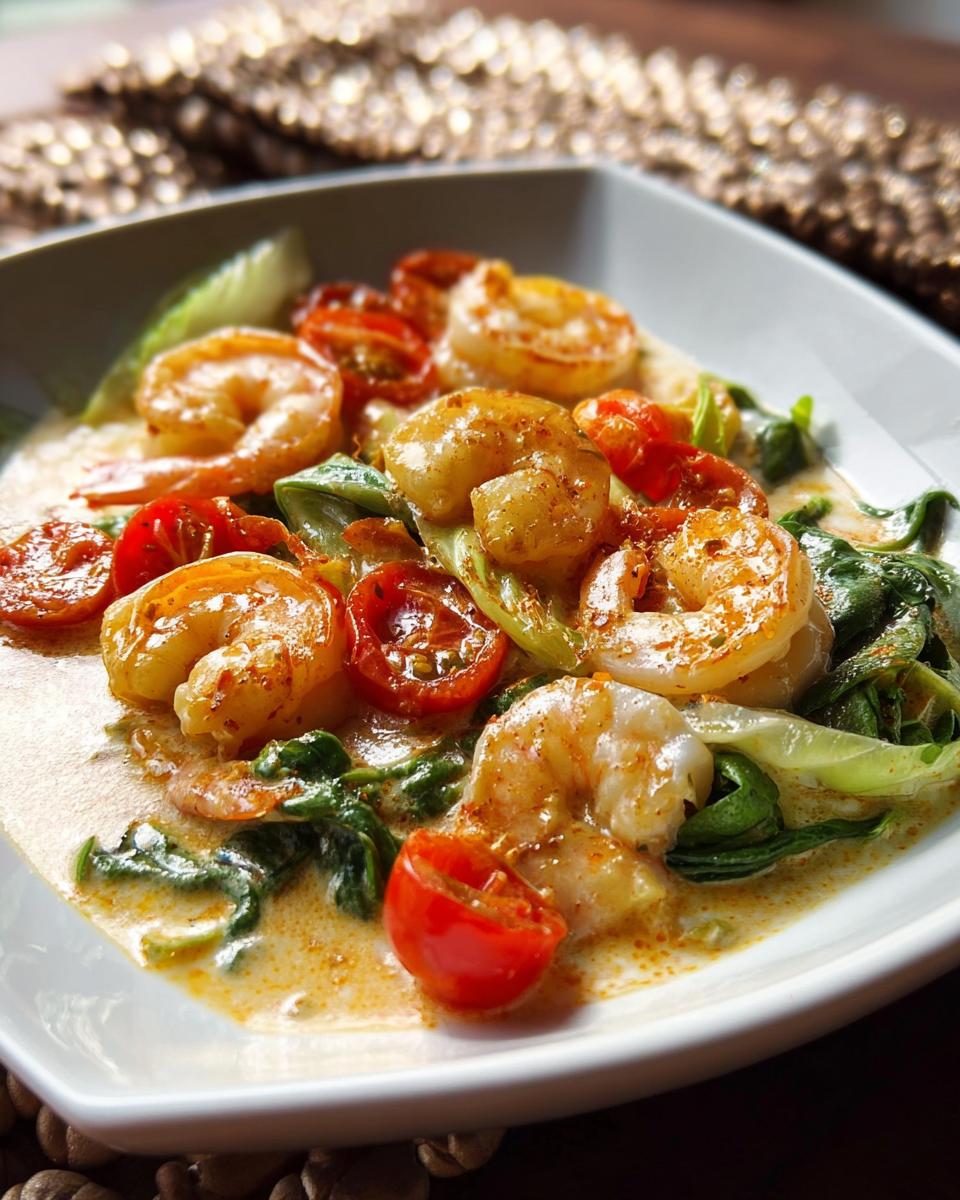 A close-up of a creamy shrimp recipe with cherry tomatoes and wilted greens.