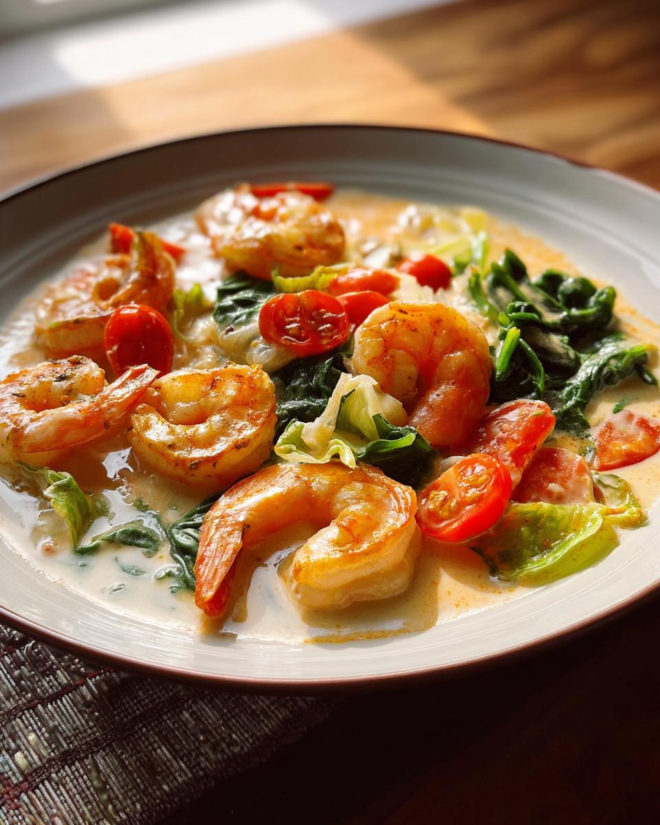 A close-up of a creamy shrimp recipe dish with cherry tomatoes and spinach.