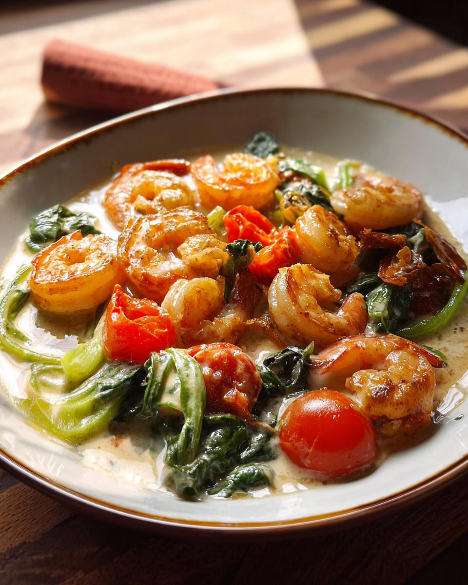 A close-up of a bowl of creamy shrimp recipe, featuring plump shrimp, cherry tomatoes, and wilted spinach in a rich sauce.