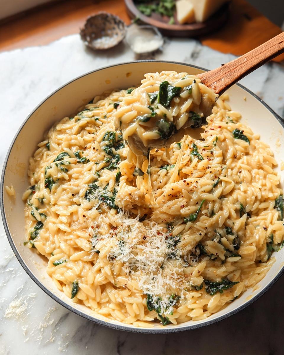 A spoonful of creamy spinach orzo being lifted from a skillet, sprinkled with parmesan cheese.