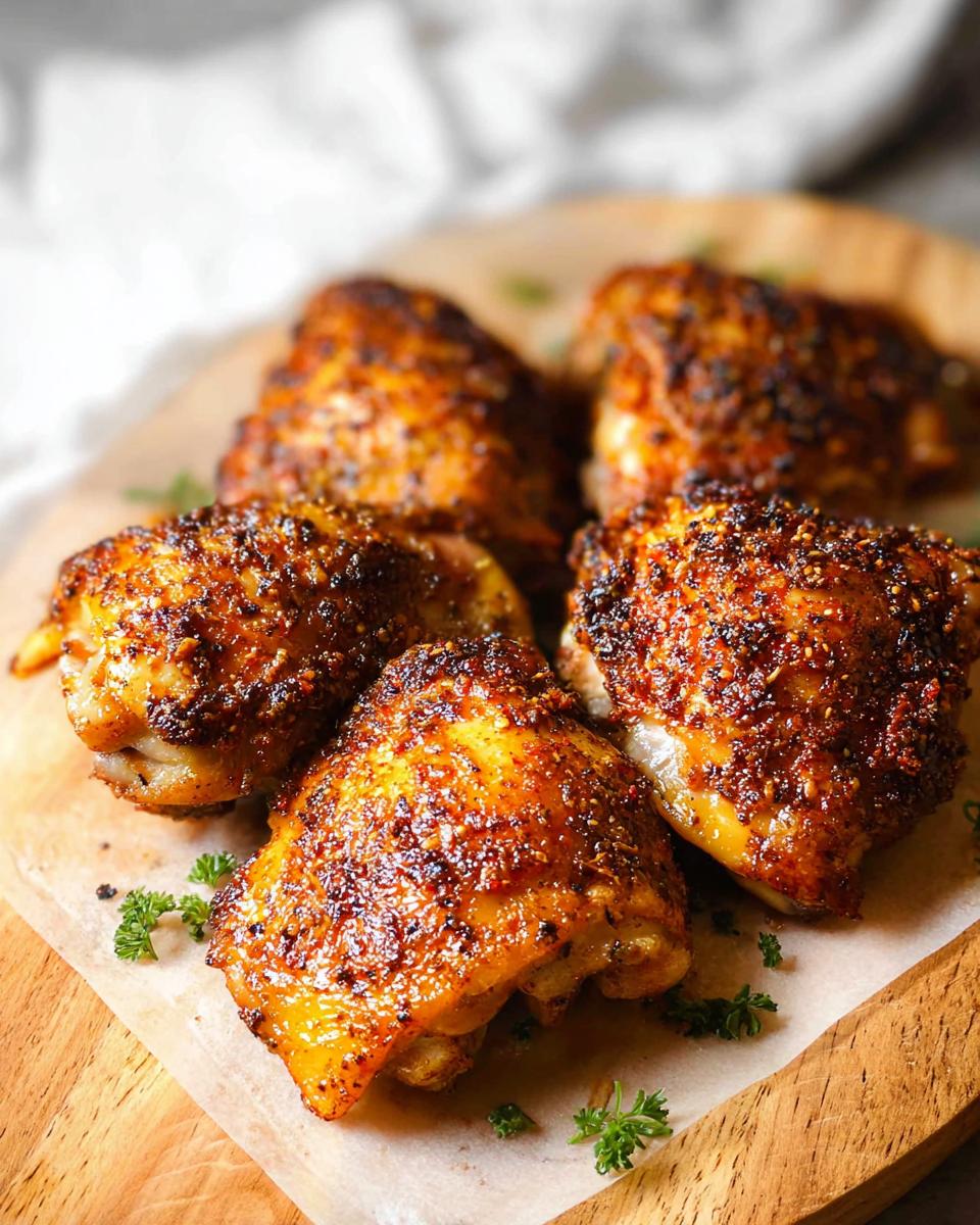 Close-up of five perfectly baked chicken thighs with crispy skin, seasoned and garnished with parsley.
