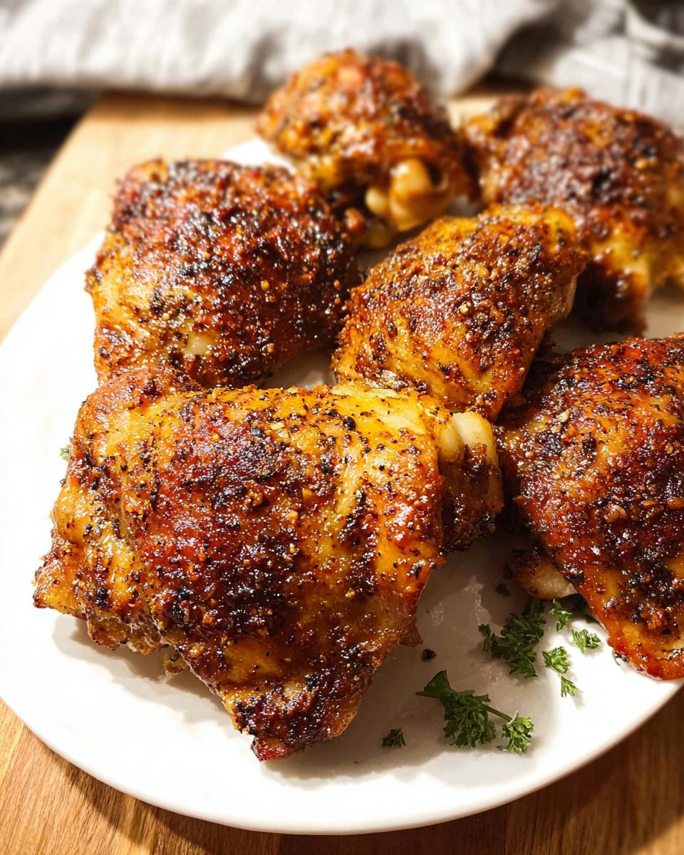 Close-up of perfectly baked chicken thighs with crispy skin and a flavorful spice rub.