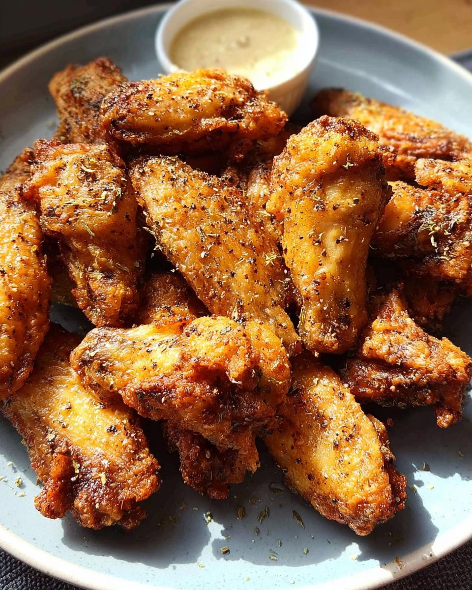 A plate piled high with perfectly crispy, seasoned chicken wings, served with a side of dipping sauce.
