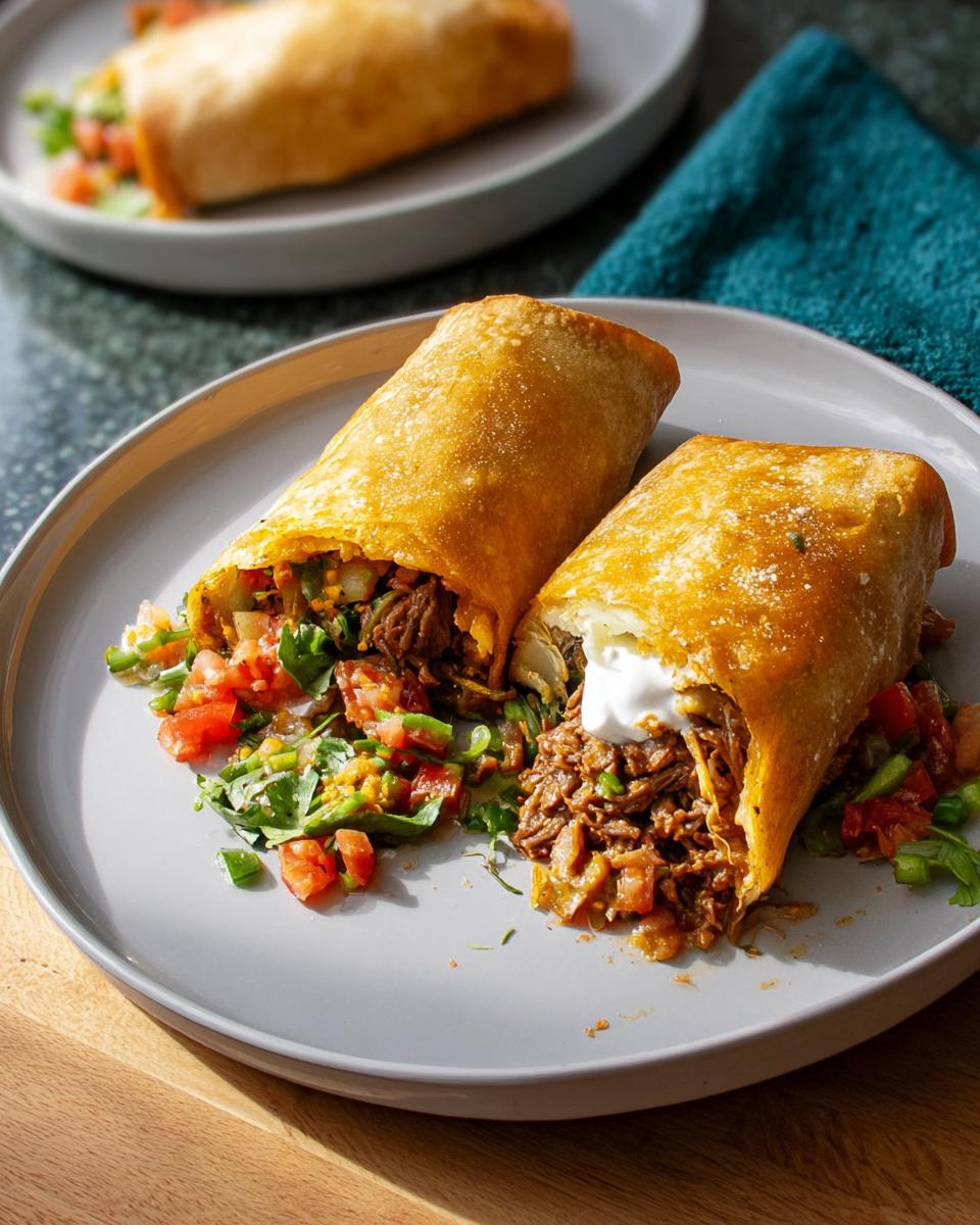 Two crispy fried burritos filled with shredded beef and salsa, part of 20-Ingredient Easy Dinner Recipes.