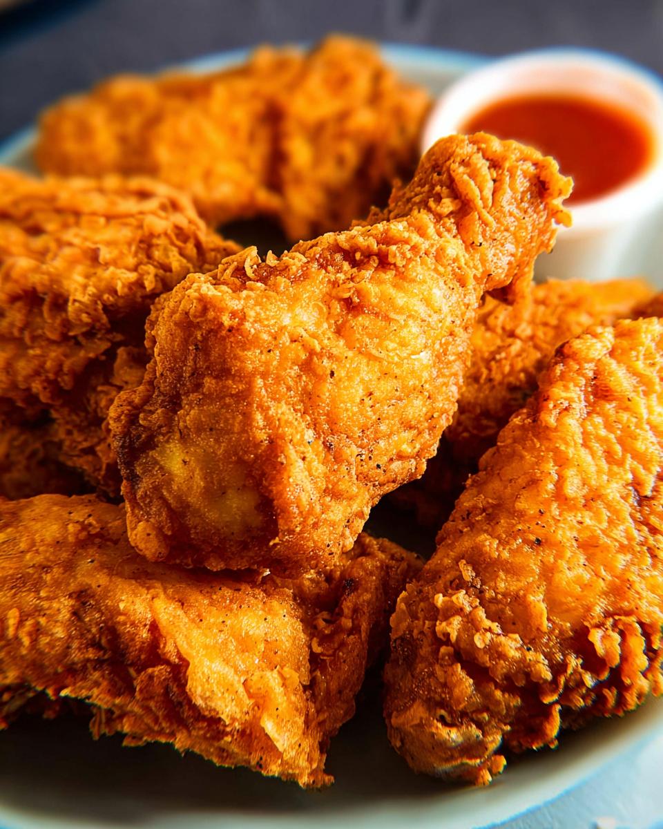 A close-up of perfectly crispy golden chicken wings, served with a small dish of dipping sauce.