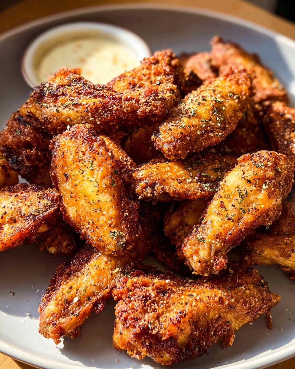 A close-up of a plate piled high with crispy, seasoned chicken wings, served with a side of dipping sauce.