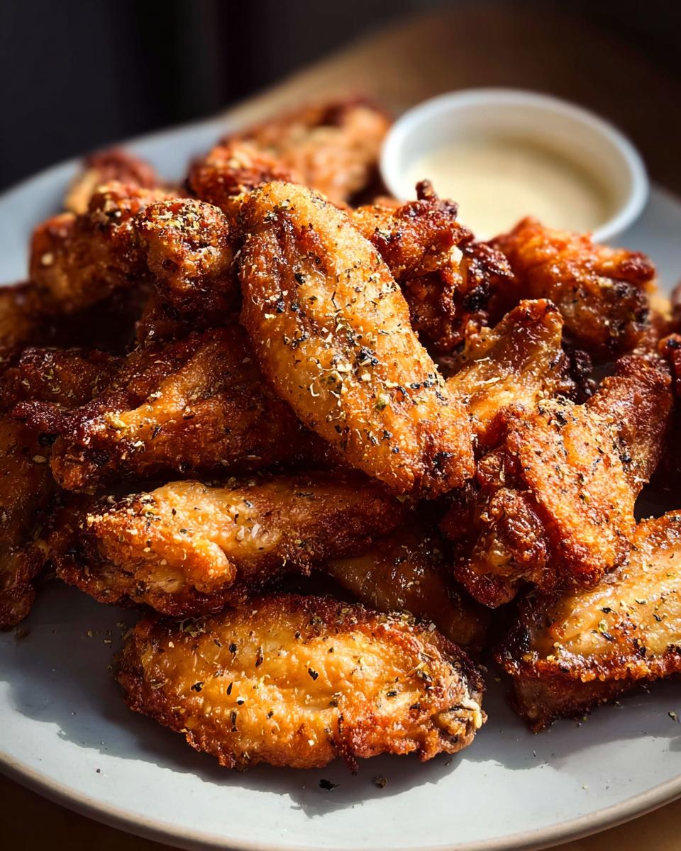 A close-up of a pile of perfectly cooked, crispy chicken wings seasoned with herbs and spices, ready to be enjoyed.
