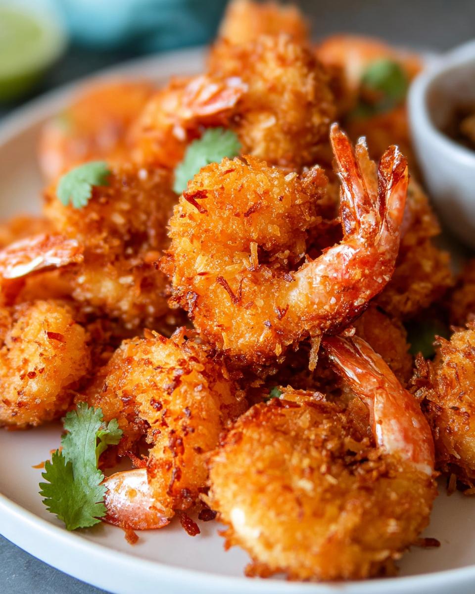 Close-up of golden-brown crispy coconut shrimp, a delicious shrimp recipe idea for busy weeknights.